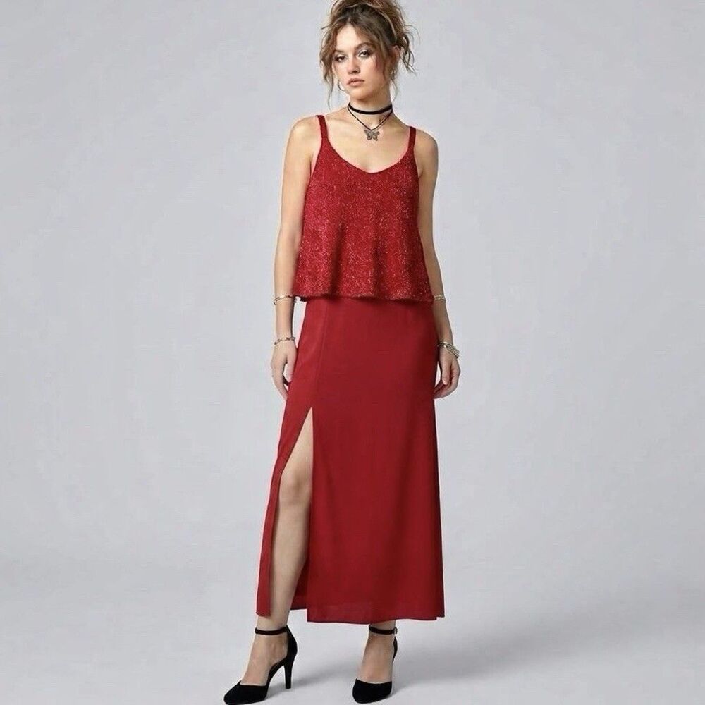 Alex Evenings Long Gown Dress Sz 16 Red Glitter Tiered Prom Formal Y2k Disco